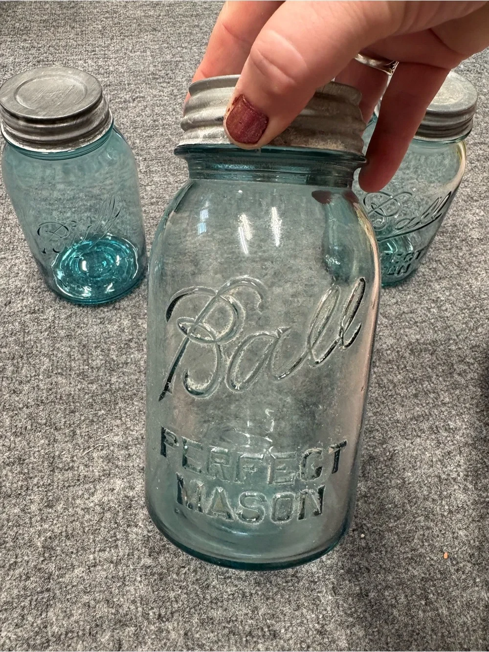 Ball Vintage Aqua Blue Mason Jars 1922-32 with Metal Lids - Set of 3